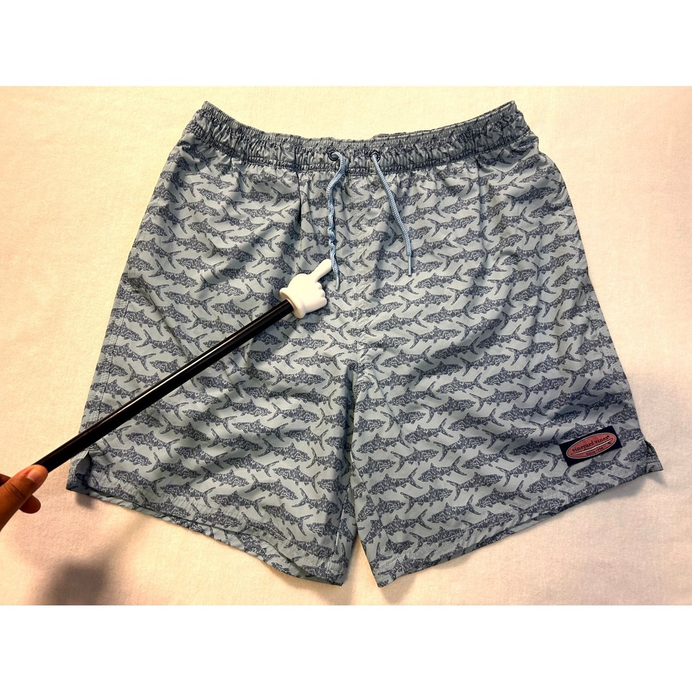 Vineyard Vines Shark Print Swim Trunks Mesh Lined Drawstring 7" Men's Medium - Picture 10 of 13